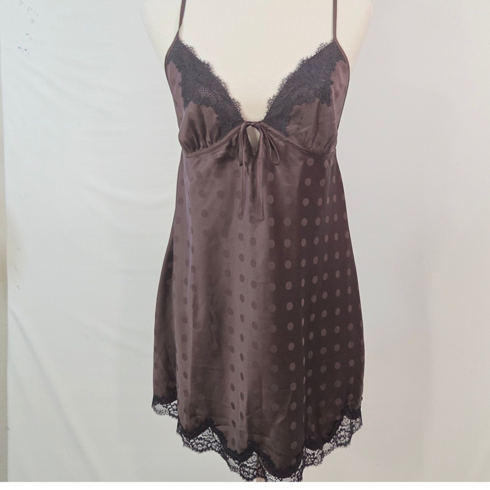 Abercrombie & Fitch Brown Polka Dot Satin Chemise Sleep Dress Lace Y2K M